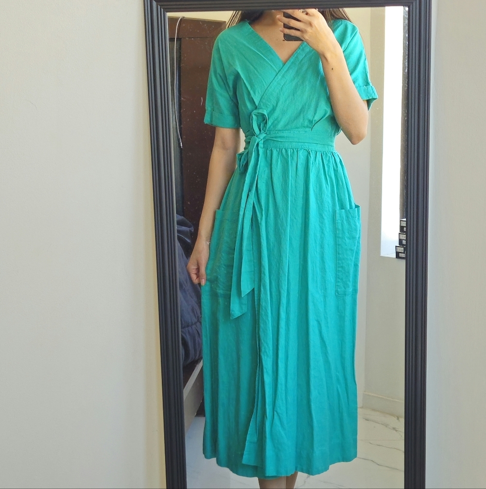 Gap green linen wrap midi dress